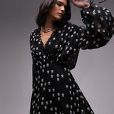 Topshop Collar Neck Mini Dress With Raw Seams In Mono Floral