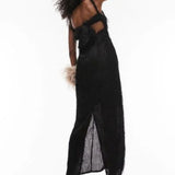 Topshop Textured Tassel Open Back Midi Dress In Black