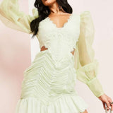 Asos Luxe Lace Ruched Sheer Puff Sleeve Mini Dress In Green