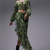 Topshop Raw Edge Ruffle Midi Skirt In Green Floral