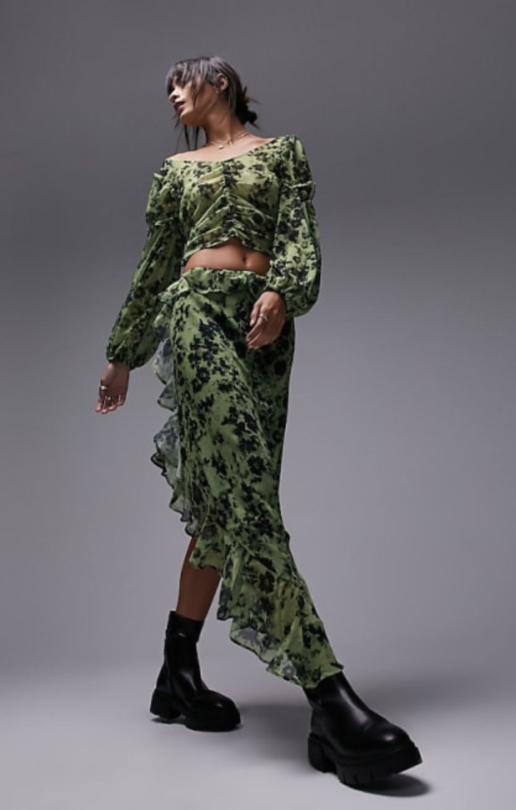 Topshop Raw Edge Ruffle Midi Skirt In Green Floral – skirts by Topshop, available to rent from Hirestreet
