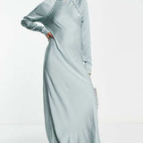 Asos Design Satin Biased Maxi Dress With Button Detail In Silver Blue