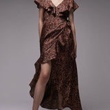 Topshop Ruffle Wrap Midi Dress In Brown Animal