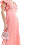 Little Mistress Lace Detail Midaxi Flutter Sleeve Dress In Coral