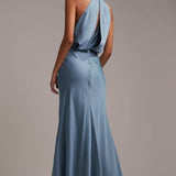 Asos Design Bridesmaid Curve Satin Ruched Halter Neck Maxi Dress In Dusky Blue