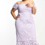 Asos Design Curve Lace Bardot Cut Out Maxi Dress With Frill Hem In Lilac