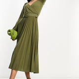 Asos Design Wrap Front Midi Dress With Pleat Skirt And Belt In Khaki