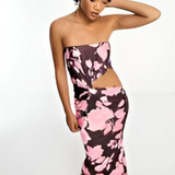 Day 6 Bandeau Twist Detail Cut Out Midi Dress In Rose Print