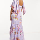 Asos Design Satin Flutter Sleeve V-Neck Maxi Dress With Tier Hem In Lilac Paisley Print