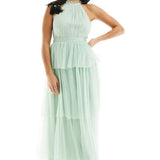 Vila Petite Bridesmaid Halterneck Tulle Midi Dress With Tiered Skirt In Mint Green