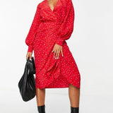 Glamorous Long Sleeve Fitted Wrap Dress In Multi Red Ditsy Floral