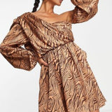 Ei8Th Hour Printed Satin Ruched Mini Dress In Chocolate Zebra Print
