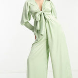 Collective The Label Petite Exclusive Plunge Front Wide Leg Jumpsuit In Sage