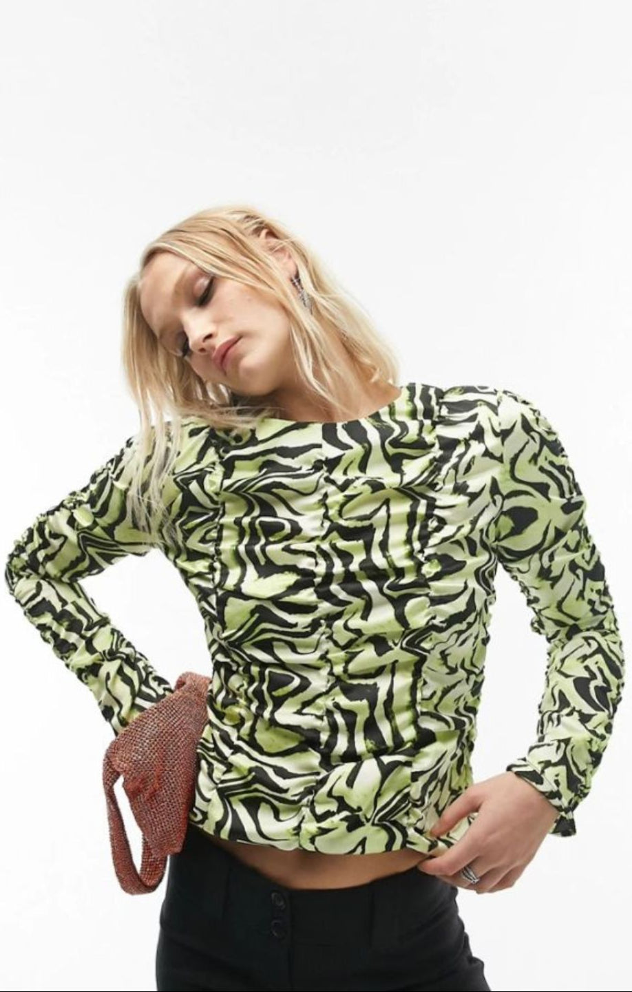Topshop Ruched Long Sleeve Shirred Swirl Animal Print Top In Lime – tops by Topshop, available to rent from Hirestreet