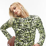 Topshop Ruched Long Sleeve Shirred Swirl Animal Print Top In Lime – tops by Topshop, available to rent from Hirestreet