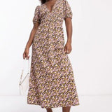 Asos Design Shirred Waist Midi Tea Dress With Volume Sleeve In Pink Ditsy Print