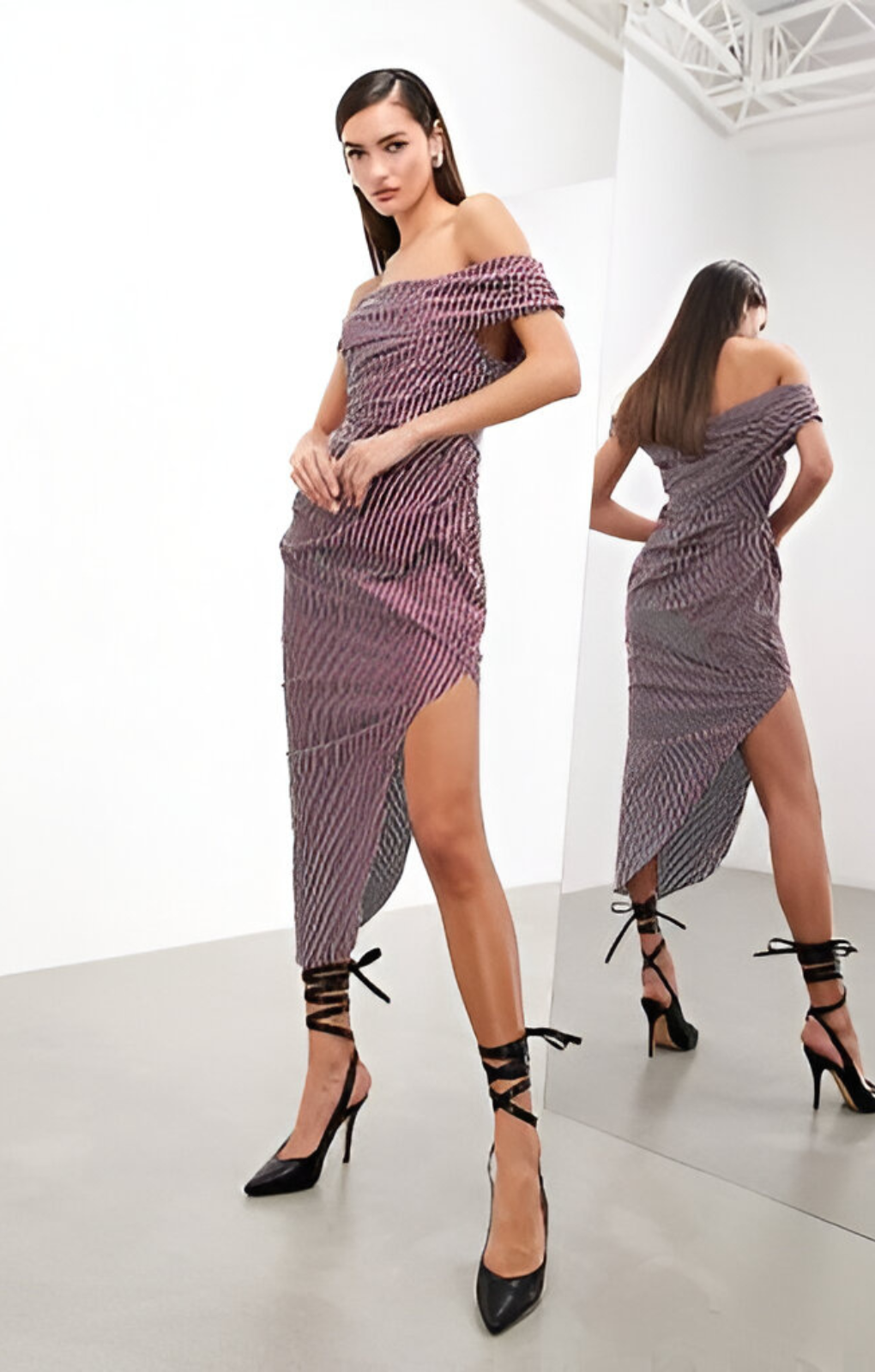 Asos Edition Grecian Bardot Midi Dress In Burgundy Stripe – dresses by ASOS EDITION, available to rent from Hirestreet