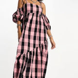 Collusion Off The Shoulder Midi Dress In Pink Check