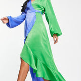 Flounce London Petite Balloon Sleeve Ruffle Maxi Dress In Contrast Blue And Green