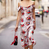 Hope & Ivy Cold Shoulder Satin Midi Dress In Red Floral Tile Print – dresses by Hope & Ivy, available to rent from Hirestreet