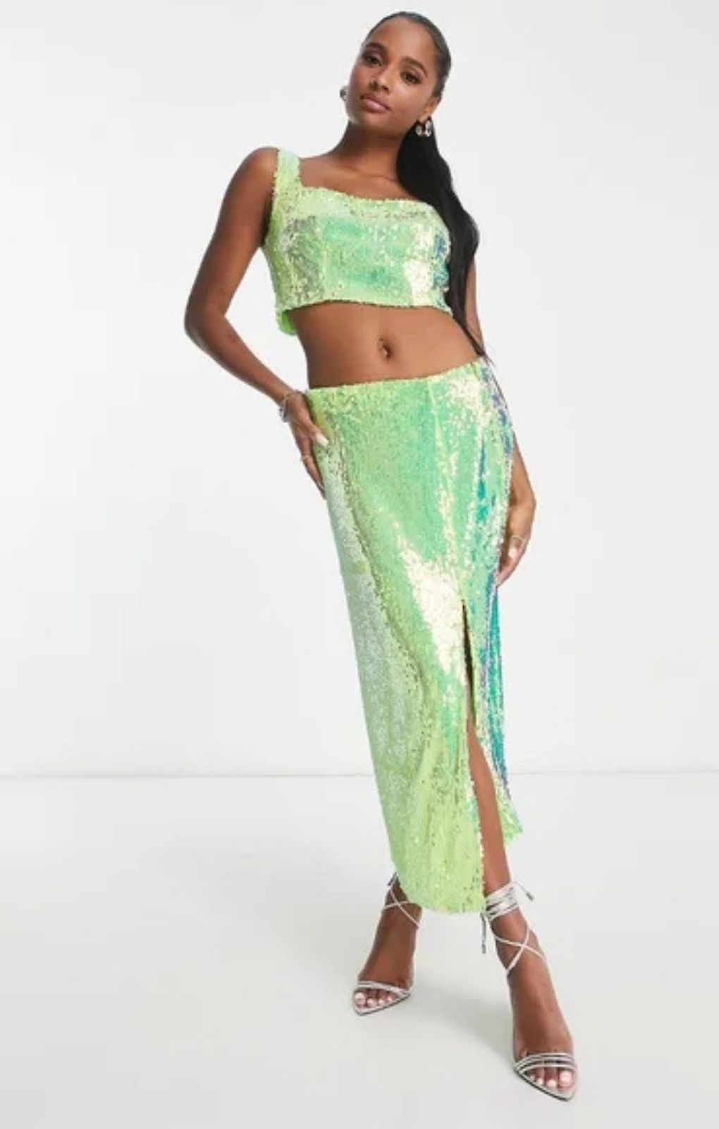 Collective The Label Petite Exclusive Sequin Midaxi Skirt In Iridescent Lime – skirts by Collective The Label Petite, available to rent from Hirestreet