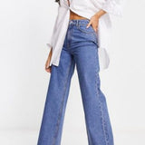 Asos Design Relaxed Dad Jeans In Mid Blue