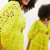 Asos Edition Broderie Twist Front Mini Dress With Puff Sleeve In Yellow