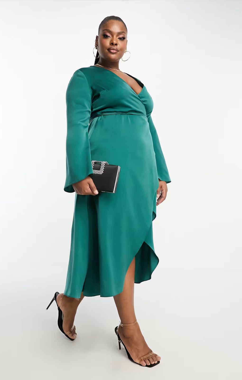 Asos Design Curve Bias Cut Satin Wrap Dress With Tie Waist In Teal – dresses by ASOS Curve, available to rent from Hirestreet