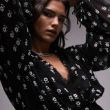 Topshop Collar Neck Mini Dress With Raw Seams In Mono Floral