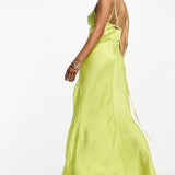 Asos Design Satin Corset Detail Plunge Midi Dress In Lime Green