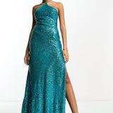 Asos Design Halter Lace Up Back Maxi Dress In Allover Sequin In Blue