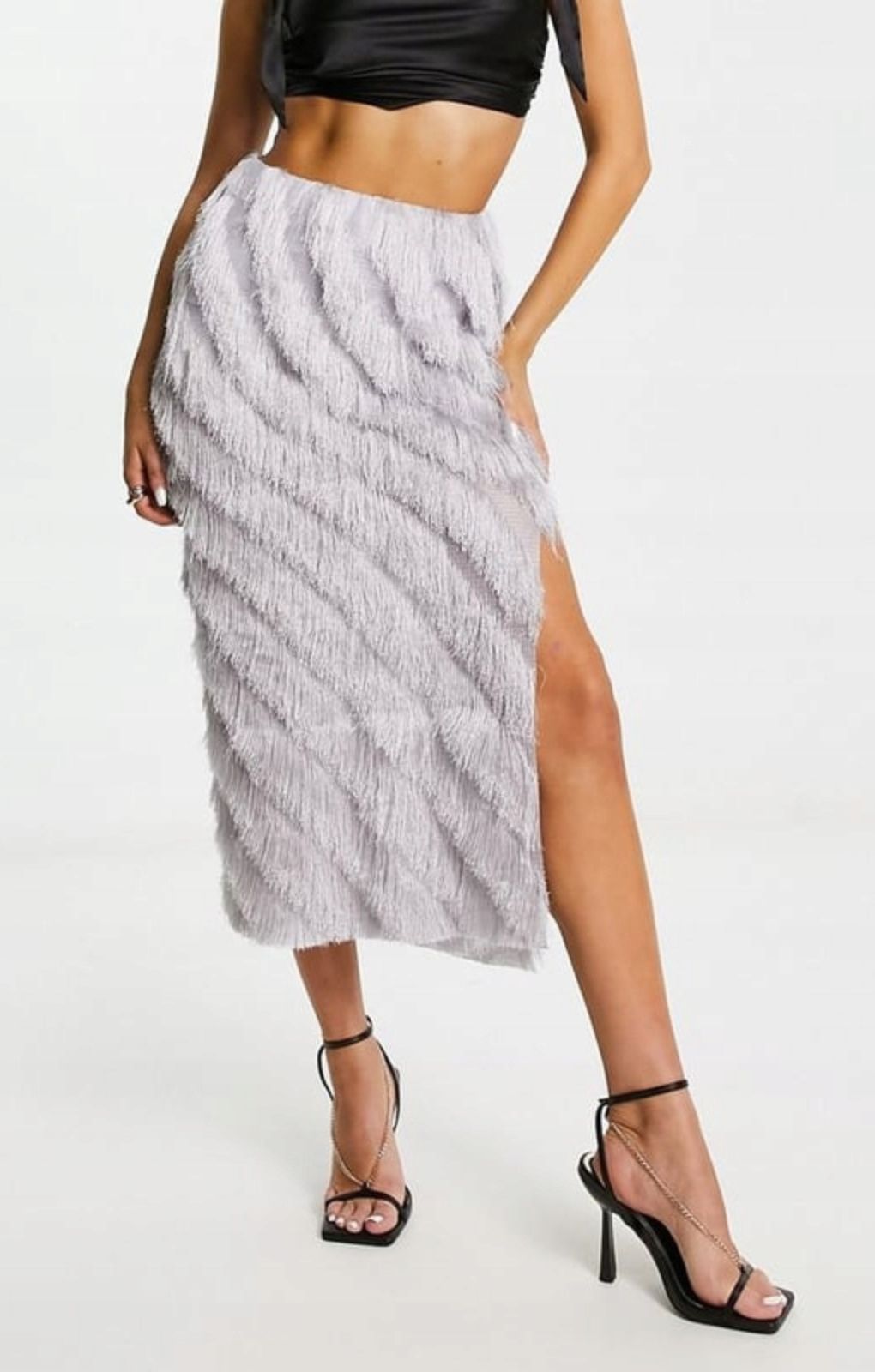 Asos Design Fringe Midi Skirt In Silver – skirts by ASOS DESIGN, available to rent from Hirestreet