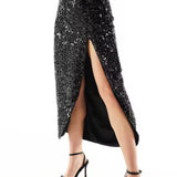 Asos Design Sequin Midi Skirt With Split Detail Co-Ord In Black