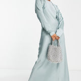 Asos Design Satin Biased Maxi Dress With Button Detail In Silver Blue