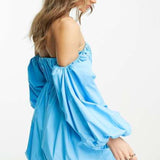 Asos Design Cotton Ruched Bandeau Mini Dress With Off Shoulder Puff Sleeve In Turquoise