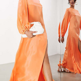 Asos Edition Satin Long Sleeve Maxi Smock Dress In Orange