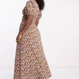 Asos Design Shirred Waist Midi Tea Dress With Volume Sleeve In Pink Ditsy Print