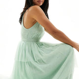 Vila Petite Bridesmaid Halterneck Tulle Midi Dress With Tiered Skirt In Mint Green