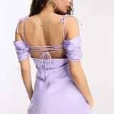Forever New Petite Off Shoulder Mini Dress In Lilac Satin