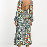 Asos Design Long Sleeve V Neck Midi Dress In Mixed Print