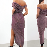 Asos Edition Grecian Bardot Midi Dress In Burgundy Stripe – dresses by ASOS EDITION, available to rent from Hirestreet