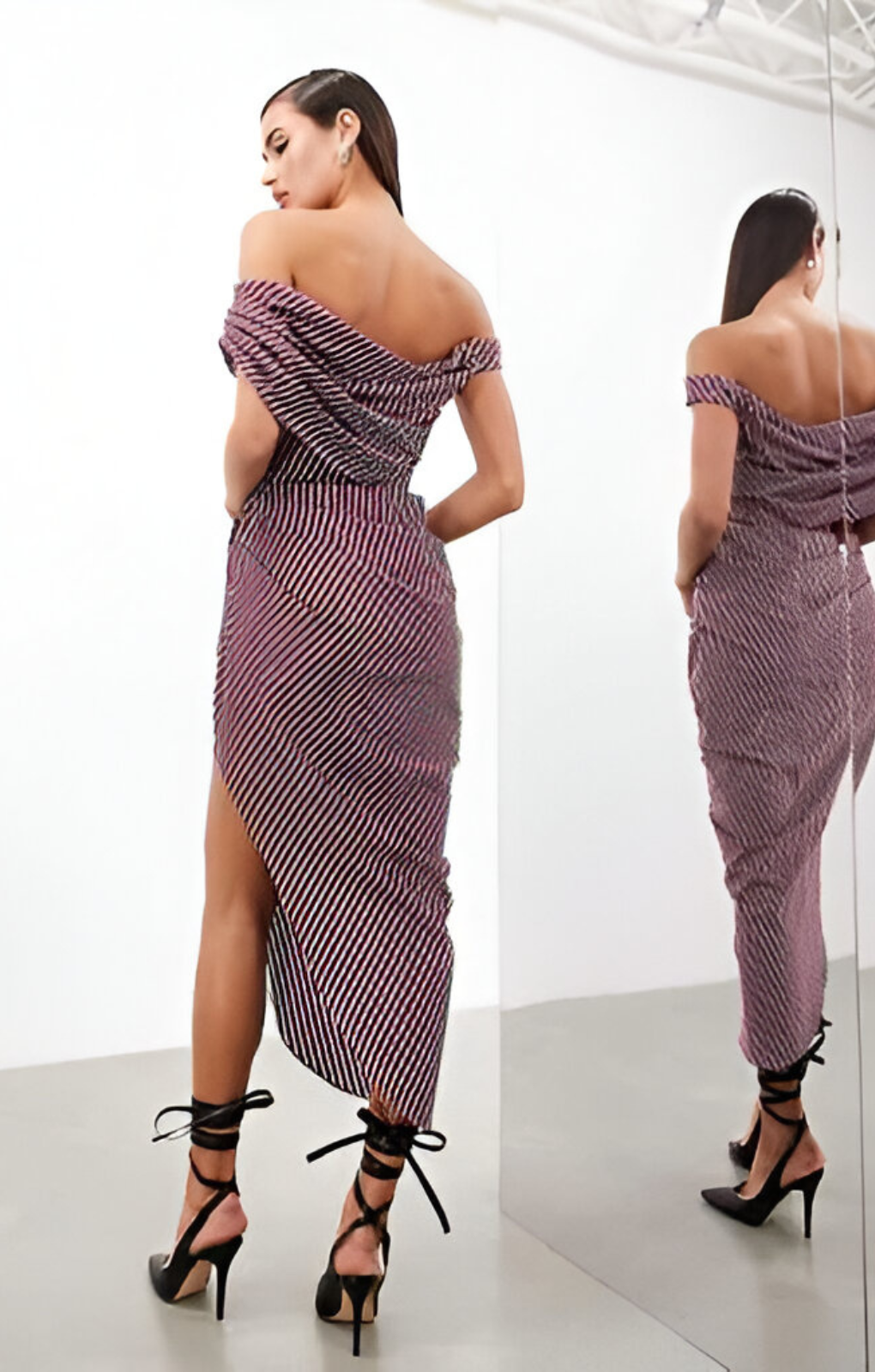 Asos Edition Grecian Bardot Midi Dress In Burgundy Stripe – dresses by ASOS EDITION, available to rent from Hirestreet