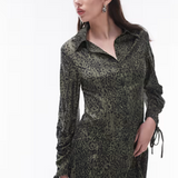 Topshop Ruched Sleeve Mini Shirt Dress In Green Animal Print