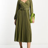 Asos Design Wrap Front Midi Dress With Pleat Skirt And Belt In Khaki