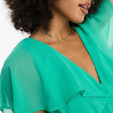 Asos Design Flutter Sleeve V Neck Pleat Mini Dress In Emerald Green