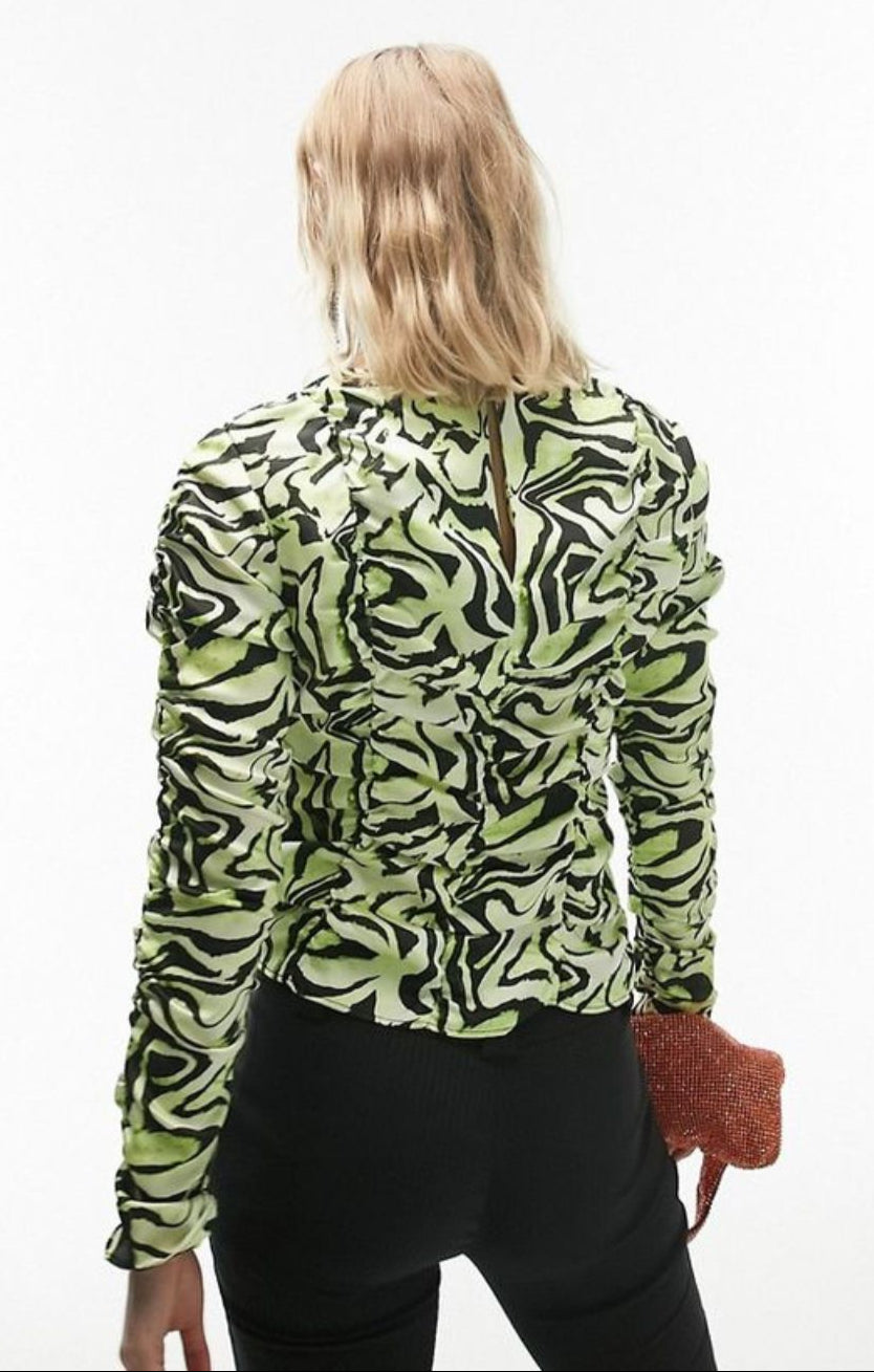 Topshop Ruched Long Sleeve Shirred Swirl Animal Print Top In Lime – tops by Topshop, available to rent from Hirestreet