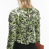 Topshop Ruched Long Sleeve Shirred Swirl Animal Print Top In Lime – tops by Topshop, available to rent from Hirestreet