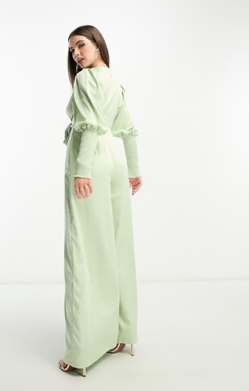 Collective The Label Petite Exclusive Plunge Front Wide Leg Jumpsuit In Sage – jumpsuits & playsuits by Collective The Label Petite, available to rent from Hirestreet