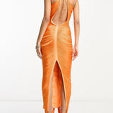 Asos Design Fringe Drape Halter Maxi Dress In Hot Orange