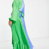 Flounce London Petite Balloon Sleeve Ruffle Maxi Dress In Contrast Blue And Green